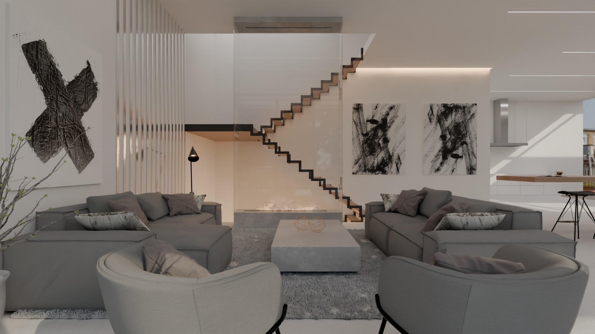 Architectural interior by Lynxsdesign: gray sofas, sculptural chairs and a glass-sided staircase in a sunlit double-height living room